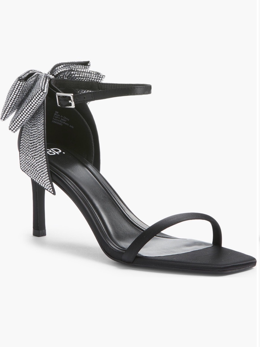 bp Black Satin Ankle-Strap Heels with Silver Crystal Bow Accent